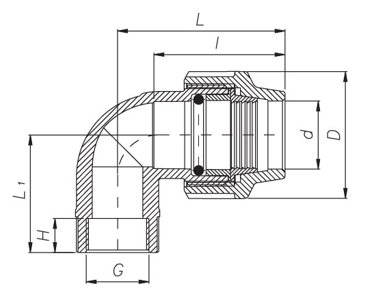 rozměry PE spojka koleno 90° 32 x 1" vnitřní závit